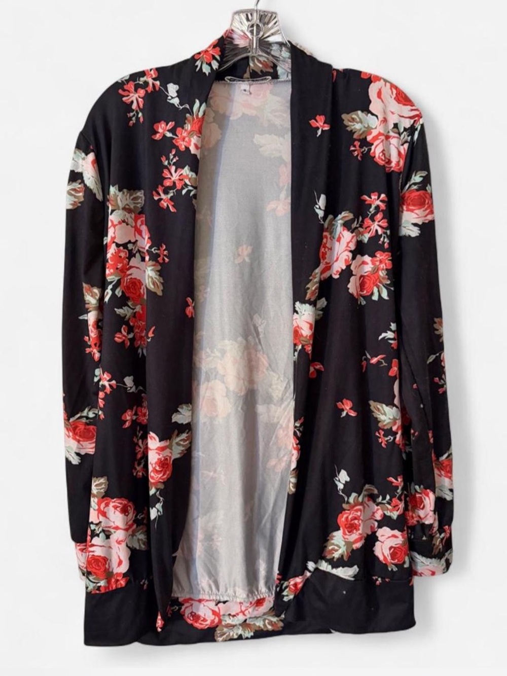 Black Open-Front Cardigan with Red Rose Print
